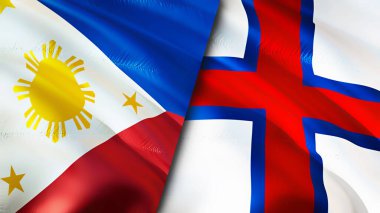 Filipinler ve Faroe Adaları bayrakları. 3 boyutlu dalgalanan bayrak tasarımı. Filipinler Faroe Adaları bayrağı, resim, duvar kağıdı. Filipinler, Faroe Adaları 'na karşı. Görüntü 3D. Filipinler Faroe Adaları ilişkisi