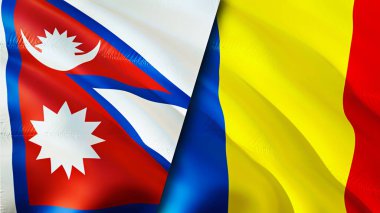 Nepal ve Romanya bayrakları. 3 boyutlu dalgalanan bayrak tasarımı. Nepal Romanya bayrağı, resim, duvar kağıdı. Nepal, Romanya 'ya karşı, görüntü 3D. Nepal Romanya ilişkileri ittifak ve ticaret, seyahat ve turizm konsepti