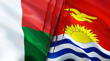 Madagaskar ve Kiribati bayrakları yara izi konseptiyle. Dalgalanan bayrak, 3 boyutlu görüntüleme. Madagaskar ve Kiribati çatışma konsepti. Madagaskar Kiribati ilişkileri kavramı. Madagaskar ve Kiribat bayrağı