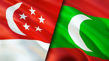 Singapur ve Maldivler bayrakları. 3 boyutlu dalgalanan bayrak tasarımı. Singapur Maldivleri bayrağı, resim, duvar kağıdı. Singapur, Maldivler 'e karşı, görüntü 3 boyutlu. Singapur Maldivler İlişkiler Birliği