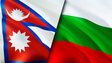 Nepal ve Bulgaristan bayrakları. 3 boyutlu dalgalanan bayrak tasarımı. Nepal Bulgaristan bayrağı, resim, duvar kağıdı. Nepal, Bulgaristan 'a karşı imaj, 3D görüntüleme. Nepal Bulgaristan ilişkileri ittifak ve ticaret, seyahat ve turizm consepsi