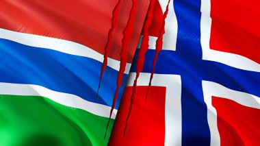 Gambiya ve Norveç bayraklarında yara izi var. Dalgalanan bayrak, 3 boyutlu görüntüleme. Gambiya ve Norveç çatışma konsepti. Gambiya Norveç ilişkileri kavramı. Gambiya ve Norveç bayrağı Kriz, savaş, saldırı konsepti