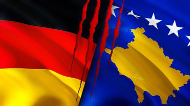 Yara izi kavramına sahip Almanya ve Kosova bayrakları. Dalgalanan bayrak, 3 boyutlu görüntüleme. Almanya ve Kosova ihtilaf kavramı. Almanya Kosova ilişkileri kavramı. Almanya bayrağı ve Kosova krizi, savaş, saldırı konsepti