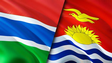 Gambiya ve Kiribati bayrakları. 3 boyutlu dalgalanan bayrak tasarımı. Gambiya Kiribati bayrağı, resim, duvar kağıdı. Gambiya, Kiribati 'ye karşı, görüntü 3 boyutlu. Gambiya Kiribati ilişkileri ittifak ve ticaret, seyahat, turizm konsepti