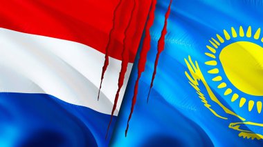 Hollanda ve Kazakistan yara izi olan bayraklar. Dalgalanan bayrak, 3 boyutlu görüntüleme. Hollanda ve Kazakistan çatışma konsepti. Hollanda Kazakistan ilişkileri kavramı. Hollanda bayrağı