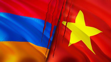 Yara izi olan Ermenistan ve Vietnam bayrakları. Dalgalanan bayrak, 3 boyutlu görüntüleme. Ermenistan ve Vietnam çatışma konsepti. Ermenistan Vietnam ilişkileri kavramı. Ermenistan bayrağı ve Vietnam krizi, savaş, saldırı