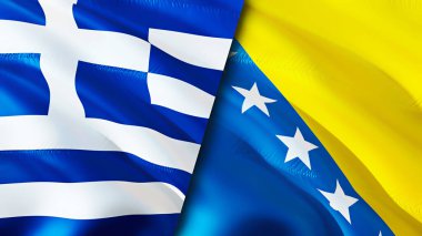 Yunanistan ve Bosna-Hersek bayrakları. 3 boyutlu dalgalanan bayrak tasarımı. Yunanistan Bosna-Hersek bayrağı, resmi, duvar kağıdı. Yunanistan, Bosna-Hersek imajına karşı, 3D görüntüleme. Yunanistan ve Bosna