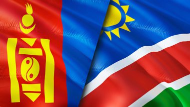 Moğolistan ve Namibya bayrakları. 3 boyutlu dalgalanan bayrak tasarımı. Moğolistan Namibya bayrağı, resim, duvar kağıdı. Moğolistan, Namibya 'ya karşı, görüntü 3 boyutlu. Moğolistan Namibya ilişkileri ittifak ve ticaret, seyahat, turnuva