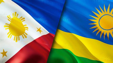 Filipinler ve Ruanda bayrakları. 3 boyutlu dalgalanan bayrak tasarımı. Filipinler Ruanda bayrağı, resim, duvar kağıdı. Filipinler, Ruanda 'ya karşı 3 boyutlu görüntü. Filipinler Rwanda ilişkileri