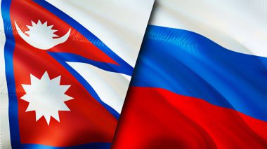 Nepal ve Rusya bayrakları. 3 boyutlu dalgalanan bayrak tasarımı. Nepal Rusya bayrağı, resim, duvar kağıdı. Nepal, Rusya 'ya karşı. Görüntü 3 boyutlu. Nepal Rusya ilişkileri ittifak ve ticaret, seyahat, turizm konsepti