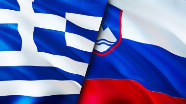 Yunanistan ve Slovenya bayrakları. 3 boyutlu dalgalanan bayrak tasarımı. Yunanistan bayrağı, resim, duvar kağıdı. Yunanistan Slovenya 'ya karşı, görüntü 3 boyutlu. Yunanistan Slovenya ilişkileri ittifak ve ticaret, seyahat ve turizm consepti