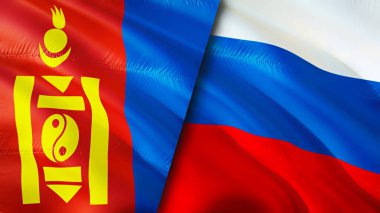 Moğolistan ve Rusya bayrakları. 3 boyutlu dalgalanan bayrak tasarımı. Moğolistan Rusya bayrağı, resim, duvar kağıdı. Moğolistan Rusya 'ya karşı, görüntü 3 boyutlu. Moğolistan Rusya ilişkileri ittifak ve ticaret, seyahat, turizm konsepti