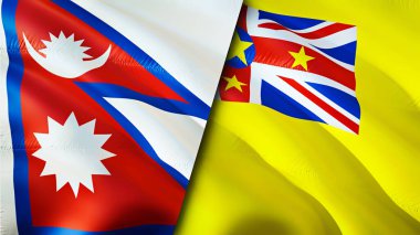 Nepal ve Niue bayrakları. 3 boyutlu dalgalanan bayrak tasarımı. Nepal Niue bayrağı, resim, duvar kağıdı. Nepal, Niue imajına karşı, 3D görüntüleme. Nepal Niue ilişkileri ittifak ve ticaret, seyahat, turizm konsepti