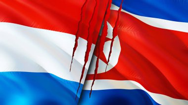 Lüksemburg ve Kuzey Kore bayraklarında yara izi var. Dalgalanan bayrak, 3 boyutlu görüntüleme. Lüksemburg ve Kuzey Kore çatışma konsepti. Lüksemburg Kuzey Kore ilişkileri kavramı. Lüksemburg ve Nort bayrağı