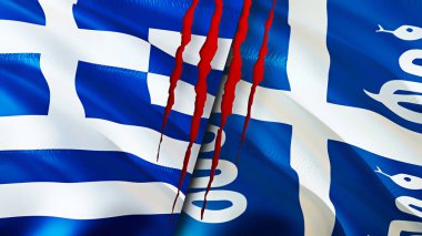 Yunanistan ve Martinique yara izi kavramına sahip bayraklar. Dalgalanan bayrak, 3 boyutlu görüntüleme. Yunanistan ve Martinique çatışma konsepti. Yunanistan Martinique ilişkileri kavramı. Yunanistan bayrağı ve Martinik krizi, savaş, attac