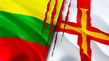 Yara izi olan Litvanya ve Guernsey bayrakları. Dalgalanan bayrak, 3 boyutlu görüntüleme. Litvanya ve Guernsey çatışma konsepti. Litvanya Guernsey ilişkileri konsepti. Litvanya bayrağı ve Guernsey krizi, savaş