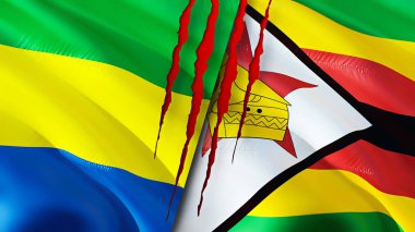Gabon ve Zimbabwe yara izi olan bayraklar. Dalgalanan bayrak, 3 boyutlu görüntüleme. Gabon ve Zimbabwe çatışma konsepti. Gabon Zimbabwe ilişkileri kavramı. Gabon ve Zimbabwe bayrağı kriz, savaş, saldırı konsepti