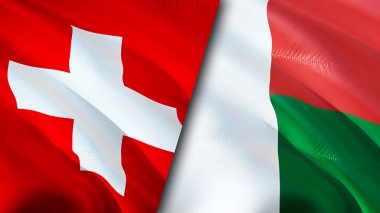 İsviçre ve Madagaskar bayrakları. 3 boyutlu dalgalanan bayrak tasarımı. İsviçre Madagaskar bayrağı, resim, duvar kağıdı. İsviçre, Madagaskar 'a karşı, görüntü 3 boyutlu. İsviçre Madagaskar ilişkileri bir ittifak