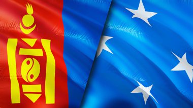 Moğolistan ve Mikronezya bayrakları. 3 boyutlu dalgalanan bayrak tasarımı. Moğolistan Mikronezya bayrağı, resim, duvar kağıdı. Moğolistan, Mikronezya 'ya karşı, görüntü 3 boyutlu. Moğolistan Mikronezya ilişkileri