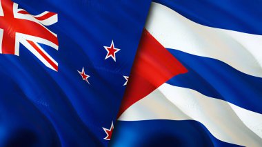 Yeni Zelanda ve Küba bayrakları. 3 boyutlu dalgalanan bayrak tasarımı. Yeni Zelanda Küba bayrağı, resim, duvar kağıdı. Yeni Zelanda, Küba imajına karşı, 3D görüntüleme. Yeni Zelanda Küba ilişkileri savaş ittifakı kavramı. Ticaret, turnuva.