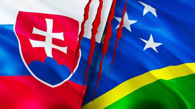 Slovakya ve Solomon Adaları yara izi olan bayraklar. Dalgalanan bayrak, 3 boyutlu görüntüleme. Slovakya ve Solomon Adaları çatışma konsepti. Slovakya Solomon Adaları ilişkileri kavramı. Slovakya bayrağı