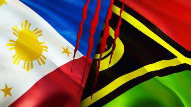 Yara izi olan Filipinler ve Vanuatu bayrakları. Dalgalanan bayrak, 3 boyutlu görüntüleme. Filipinler ve Vanuatu çatışma konsepti. Filipinler Vanuatu ilişkileri kavramı. Filipinler ve Vanuat bayrağı