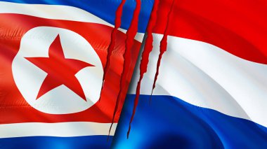 Kuzey Kore ve Hollanda yara izi kavramına sahip bayraklar. Dalgalanan bayrak, 3 boyutlu görüntüleme. Kuzey Kore ve Hollanda çatışma konsepti. Kuzey Kore Hollanda ilişkileri kavramı. Kuzey Kore bayrağı