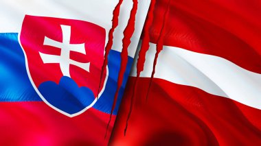 Yara izi olan Slovakya ve Letonya bayrakları. Dalgalanan bayrak, 3 boyutlu görüntüleme. Slovakya ve Letonya çatışma konsepti. Slovakya Letonya ilişkileri kavramı. Slovakya ve Letonya bayrağı krizi, savaş, saldırı konsepti