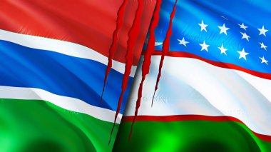 Gambiya ve Özbekistan bayraklarında yara izi var. Dalgalanan bayrak, 3 boyutlu görüntüleme. Gambiya ve Özbekistan çatışma konsepti. Gambiya Özbekistan ilişkileri kavramı. Gambiya bayrağı ve Özbekistan krizi, savaş, attac