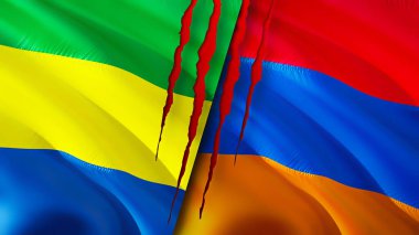 Gabon ve Ermenistan yara izi olan bayraklar. Dalgalanan bayrak, 3 boyutlu görüntüleme. Gabon ve Ermenistan çatışma konsepti. Gabon Ermenistan ilişkileri kavramı. Gabon ve Ermenistan bayrağı krizi, savaş, saldırı konsepti
