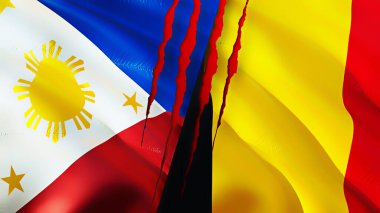 Yara izi olan Filipinler ve Belçika bayrakları. Dalgalanan bayrak, 3 boyutlu görüntüleme. Filipinler ve Belçika çatışma konsepti. Filipinler, Belçika ilişkileri kavramı. Filipinler ve Belçika bayrağı