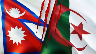 Yara izi olan Nepal ve Cezayir bayrakları. Dalgalanan bayrak, 3 boyutlu görüntüleme. Nepal ve Cezayir çatışma konsepti. Nepal Cezayir ilişkileri kavramı. Nepal ve Cezayir bayrağı krizi, savaş, saldırı konsepti