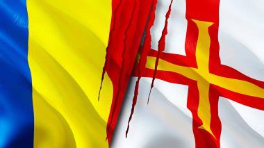 Romanya ve Guernsey yara izi kavramına sahip bayraklar. Dalgalanan bayrak, 3 boyutlu görüntüleme. Romanya ve Guernsey çatışma konsepti. Romanya Guernsey ilişkileri konsepti. Romanya bayrağı ve Guernsey krizi, savaş, attac