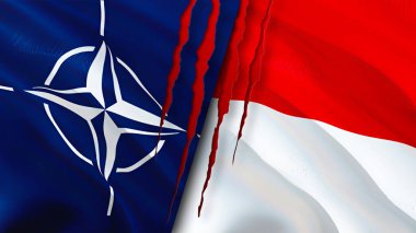 Yara izi olan NATO ve Monako bayrakları. Dalgalanan bayrak, 3 boyutlu görüntüleme. Monako ve NATO çatışma konsepti. NATO Monako ilişkileri kavramı. NATO ve Monako bayrağı krizi, savaş, saldırı konsepti