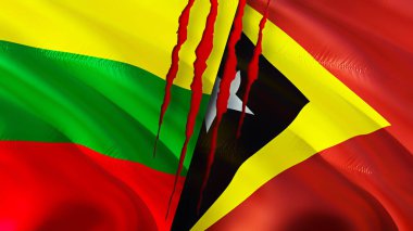 Yara izi olan Litvanya ve Doğu Timor bayrakları. Dalgalanan bayrak, 3 boyutlu görüntüleme. Litvanya ve Doğu Timor çatışma konsepti. Litvanya Doğu Timor ilişkileri kavramı. Litvanya ve Doğu Timo bayrağı