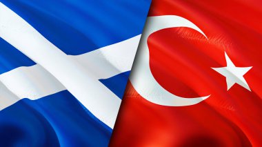 İskoçya ve Türkiye bayrakları. 3 boyutlu dalgalanan bayrak tasarımı. İskoçya hindi bayrağı, resim, duvar kağıdı. İskoçya Türkiye 'ye karşı, görüntü 3D. İskoçya Türkiye ilişkileri ittifak ve ticaret, seyahat, turizm konsepti