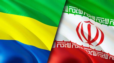 Gabon ve İran bayrakları. 3 boyutlu dalgalanan bayrak tasarımı. Gabon İran bayrağı, resim, duvar kağıdı. Gabon, İran 'a karşı imajı, 3 boyutlu görüntüleme. Gabon İran ilişkileri ittifak ve ticaret, seyahat, turizm konsepti