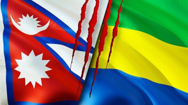 Nepal ve Gabon yara izi olan bayraklar. Dalgalanan bayrak, 3 boyutlu görüntüleme. Nepal ve Gabon çatışma konsepti. Nepal Gabon ilişkileri kavramı. Nepal ve Gabon krizi bayrağı, savaş, saldırı konsepti