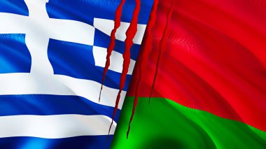 Yunanistan ve Belarus yara izi kavramına sahip bayraklar. Dalgalanan bayrak, 3 boyutlu görüntüleme. Yunanistan ve Belarus çatışma konsepti. Yunanistan Belarus ilişkileri kavramı. Yunanistan bayrağı ve Belarus krizi, savaş, saldırı konsepti