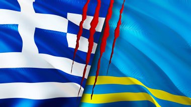 Yunanistan ve Aruba yara izi kavramına sahip bayraklar. Dalgalanan bayrak, 3 boyutlu görüntüleme. Yunanistan ve Aruba çatışma konsepti. Yunanistan Aruba ilişkileri kavramı. Yunanistan bayrağı ve Aruba krizi, savaş, saldırı konsepti