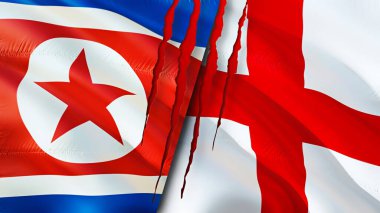 Kuzey Kore ve İngiltere yara izi kavramına sahip bayraklar. Dalgalanan bayrak, 3 boyutlu görüntüleme. Kuzey Kore ve İngiltere çatışma konsepti. Kuzey Kore İngiltere ilişkileri kavramı. Kuzey Kore ve İngiltere bayrağı