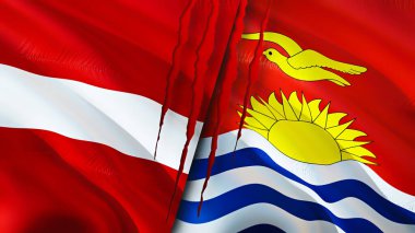Letonya ve Kiribati bayraklarında yara izi var. Dalgalanan bayrak, 3 boyutlu görüntüleme. Letonya ve Kiribati çatışma konsepti. Letonya Kiribati ilişkileri kavramı. Letonya bayrağı ve Kiribati krizi, savaş, saldırı konsepti