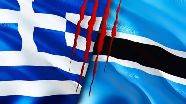 Yunanistan ve Botswana yara izi kavramına sahip bayraklar. Dalgalanan bayrak, 3 boyutlu görüntüleme. Yunanistan ve Botswana çatışma konsepti. Yunanistan Botswana ilişkileri kavramı. Yunanistan bayrağı ve Botswana krizi, savaş, saldırı konsepti