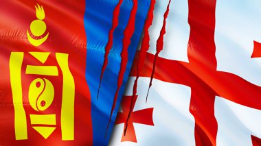 Yara izi olan Moğolistan ve Gürcistan bayrakları. Dalgalanan bayrak, 3 boyutlu görüntüleme. Moğolistan ve Gürcistan çatışması. Moğolistan Gürcistan ilişkileri. Moğolistan ve Gürcistan bayrağı krizi, savaş, attac