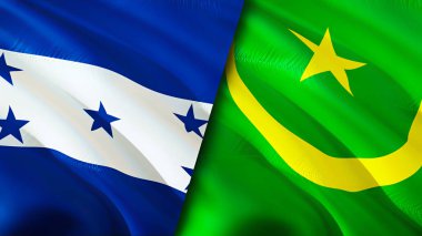 Honduras ve Moritanya bayrakları. 3 boyutlu dalgalanan bayrak tasarımı. Honduras Moritanya bayrağı, resim, duvar kağıdı. Honduras, Moritanya 'ya karşı, görüntü 3 boyutlu. Honduras Moritanya ilişkileri bir ittifak