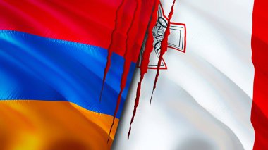 Yara izi olan Ermenistan ve Malta bayrakları. Dalgalanan bayrak, 3 boyutlu görüntüleme. Ermenistan ve Malta çatışma konsepti. Ermenistan Malta ilişkileri kavramı. Ermenistan bayrağı ve Malta krizi, savaş, saldırı konsepti