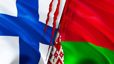 Finlandiya ve Belarus yara izi kavramına sahip bayraklar. Dalgalanan bayrak, 3 boyutlu görüntüleme. Finlandiya ve Belarus çatışma konsepti. Finlandiya Belarus ilişkileri kavramı. Finlandiya bayrağı ve Belarus krizi, savaş, saldırı konsepti