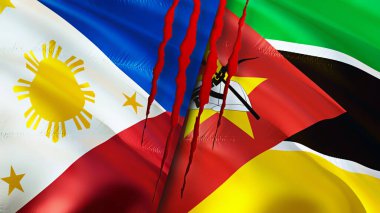 Yara izi olan Filipinler ve Mozambik bayrakları. Dalgalanan bayrak, 3 boyutlu görüntüleme. Filipinler ve Mozambik çatışma konsepti. Filipinler Mozambik ilişkileri konsepti. Filipinler bayrağı