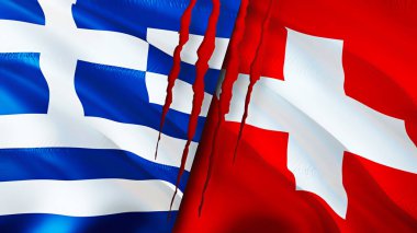 Yunanistan ve İsviçre yara izi kavramına sahip bayraklar. Dalgalanan bayrak, 3 boyutlu görüntüleme. Yunanistan ve İsviçre çatışma konsepti. Yunanistan İsviçre ilişkileri kavramı. Yunanistan bayrağı ve İsviçre krizi, savaş