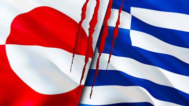 Grönland ve Yunanistan yara izi kavramlı bayraklar. Dalgalanan bayrak, 3 boyutlu görüntüleme. Grönland ve Yunanistan çatışma konsepti. Grönland Yunanistan ilişkileri kavramı. Grönland ve Yunanistan bayrağı kriz, savaş, attac